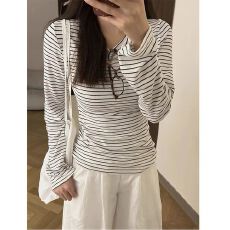 批发螺纹德绒黑白撞色条纹长袖<b class='q'>t</b><b class='q'>恤</b>女秋冬韩系修身显瘦上衣