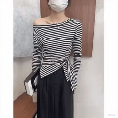 批发复古条纹下摆不规则开叉斜肩长袖辣妹<b class='q'>T</b><b class='q'>恤</b>