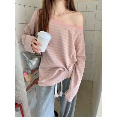 批发条纹斜肩长袖<b class='q'>T</b><b class='q'>恤</b>女宽松露肩上衣