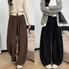 批发咖色裤子女2025新款秋冬加绒垂感宽松慵懒松弛小个子弯刀阔脚裤女