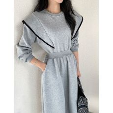 批发韩国chic气质飞飞袖撞色加绒保暖<b class='q'>长裙</b>子女初冬收腰显瘦卫衣连衣裙