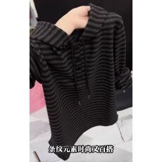 批发2025新款条纹连帽<b class='q'>卫衣</b>女装长袖宽松百搭显瘦休闲复古大码撞色上衣