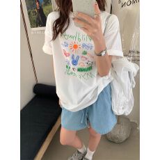 批发韩国外贸韩版新款短袖T恤女装<b class='q'>夏</b>季打底圆领印花宽松印花上衣