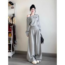 批发气质斜肩短袖套装<b class='q'>女</b>夏学生宽松显瘦韩版时尚阔腿裤休闲<b class='q'>运动</b>两件套