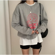 批发韩版薄款 加绒印花套头卫衣女慵懒风长袖上衣外套