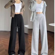 批发黑色抽绳运动<b class='q'>裤</b>女夏季薄款高腰显瘦松弛感小个子宽松慵懒风阔腿<b class='q'>裤</b>