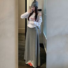 批发灰色垂感高腰半身裙女秋冬新款百搭A字显瘦<b class='q'>拖地</b><b class='q'>长裙</b>