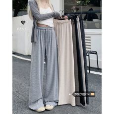 批发溜溜布深灰色针织糯米裤子女春<b class='q'>秋</b>腰垂感阔腿裤直筒宽松休闲拖地裤