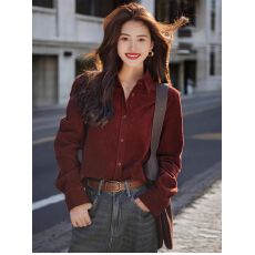 批发深红色衬衫韩系风格复古绝美灯芯绒秋季新款宽松外穿polo领上衣女