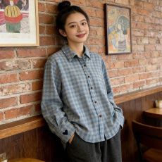 批发复古蓝色磨毛格子<b class='q'>衬衫</b>女春秋长袖学生显瘦叠穿慵懒风休闲<b class='q'>衬衣</b>外套