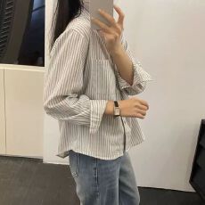 批发小个子条纹衬衫百搭2025新款显瘦休闲衬衣宽松春秋季复古长袖上衣