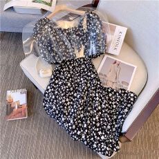 批发法式碎花<b class='q'>连衣裙</b>夏季2026新款收腰显瘦开叉泡泡袖<b class='q'>雪纺</b>森系碎花长裙