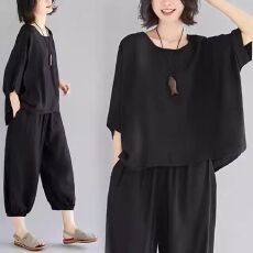 批发有口袋妈妈夏装2025新款显瘦遮肚藏肉套装女胖mm遮肉运动两件套