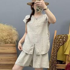 批发2026亚麻休闲风森系气质通勤时尚套<b class='q'>装</b>纯色<b class='q'>上衣</b>短<b class='q'>裤</b>洋气athflow风