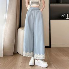 批发皱皱蕾丝花边阔腿裤女春夏新款森系<b class='q'>甜美</b>垂感软糯九分休闲直筒裤女