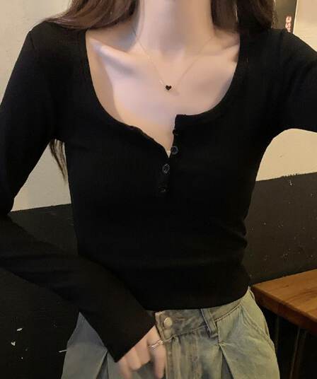 반 개방 칼라 핫걸 티셔츠 여성 기본 셔츠 이른 가을 몸매 가꾸기 리브 단추 긴팔 맨위