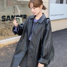 批发黑色美式气质甜酷炸街皮衣中长款外套女2025<b class='q'>春</b>季新款百搭PU皮夹克