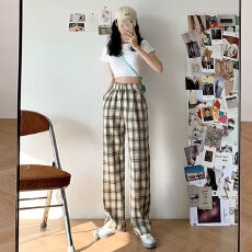 批发<b class='q'>格子</b>阔腿裤女秋高腰垂感夏季薄款裤子宽松直筒显瘦休闲<b class='q'>西装</b>拖