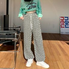 批发粉调<b class='q'>棋盘</b><b class='q'>格</b>夏季显瘦遮胯慵懒百搭运动裤束脚阔腿休闲裤女