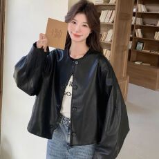 批发黑色复古圆领又a又飒氛围感皮衣短外套女早<b class='q'>春</b>新款小个子美式上衣