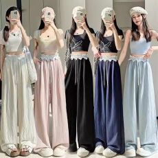 批发蕾丝花边天丝<b class='q'>棉麻</b>粉色<b class='q'>阔腿裤</b><b class='q'>女</b>2025夏季新款高腰显瘦直筒休闲长<b class='q'>裤</b>