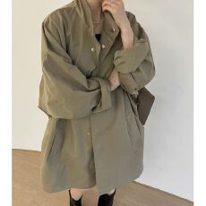 批发<b class='q'>韩国</b>chic春季复古薄款慵懒风立领宽松休闲长袖中长款<b class='q'>风衣外套</b>女