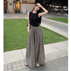 批发有口袋格子夏季<b class='q'>裤</b>女高腰宽松薄款大码显瘦日韩阔腿<b class='q'>裤</b><b class='q'>慵懒</b><b class='q'>裤</b>裙子
