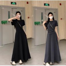 批发<b class='q'>大码</b>胖mm夏季洋气简约甜美纯色短袖T恤上衣裙子半身裙时尚套装女