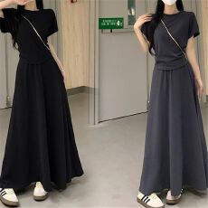 批发<b class='q'>大码</b>胖mm夏季洋气简约甜美纯色短袖T恤上衣裙子半身裙时尚套装女