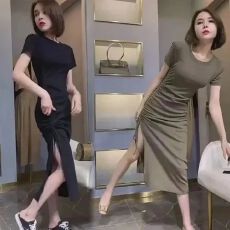 批发夏季弹力修身包臂系带侧开叉长款连衣<b class='q'>裙</b>女短袖<b class='q'>T</b><b class='q'>恤</b>抽绳<b class='q'>裙</b>