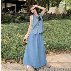 批发2026新款夏高腰半身裙时尚两件套女<b class='q'>大码</b>无袖冰丝仿牛仔蓝背心上衣