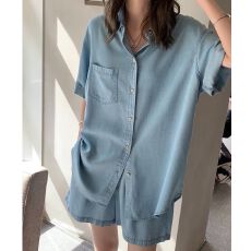 批发天丝仿<b class='q'>牛仔</b>套装短袖衬衣仿<b class='q'>牛仔</b>阔腿短裤两件套女2025夏季韩版宽松