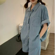 批发减龄时尚套装女夏季法式复古韩系宽松休闲短袖<b class='q'>牛仔</b>衬衫+短裤