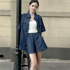 批发2026夏休闲百搭翻领短袖牛仔衬衫+松紧高腰阔腿<b class='q'>短裤</b>两件套