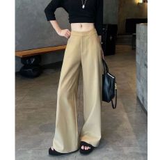 批发阔腿裤女春秋新款垂感窄版显瘦西装裤休闲直筒复古卡其色裤子