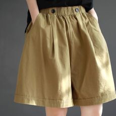 批发纯棉夏季复古纯色阔腿工装<b class='q'>短裤</b>女松紧腰宽松加大码显瘦百搭五分裤