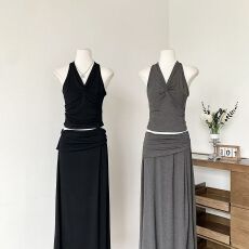 批发韩系夏季扭结褶皱复古上衣背心拼接套装无袖半身裙大摆