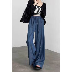 批发天丝牛仔有口袋 女夏季薄款大码<b class='q'>松紧</b>腰显瘦宽松垂感直筒阔腿长裤