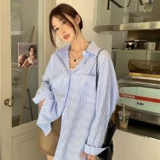 批发<b class='q'>夏</b>季蓝色条纹防晒衬衫女春秋宽松慵懒风中长款休闲衬衣外套潮