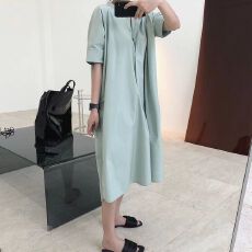 批发夏季新款简约立领韩版廓形<b class='q'>衬衫</b>连衣裙中<b class='q'>长款</b>克莱因蓝韩系宽松裙子