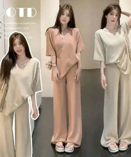 여름 새로운 빅 사이즈 품격 슬림해 보이는 V넥 반팔 허리밴드 스트레이트 넓은 다리 한 부서 투피스 세트