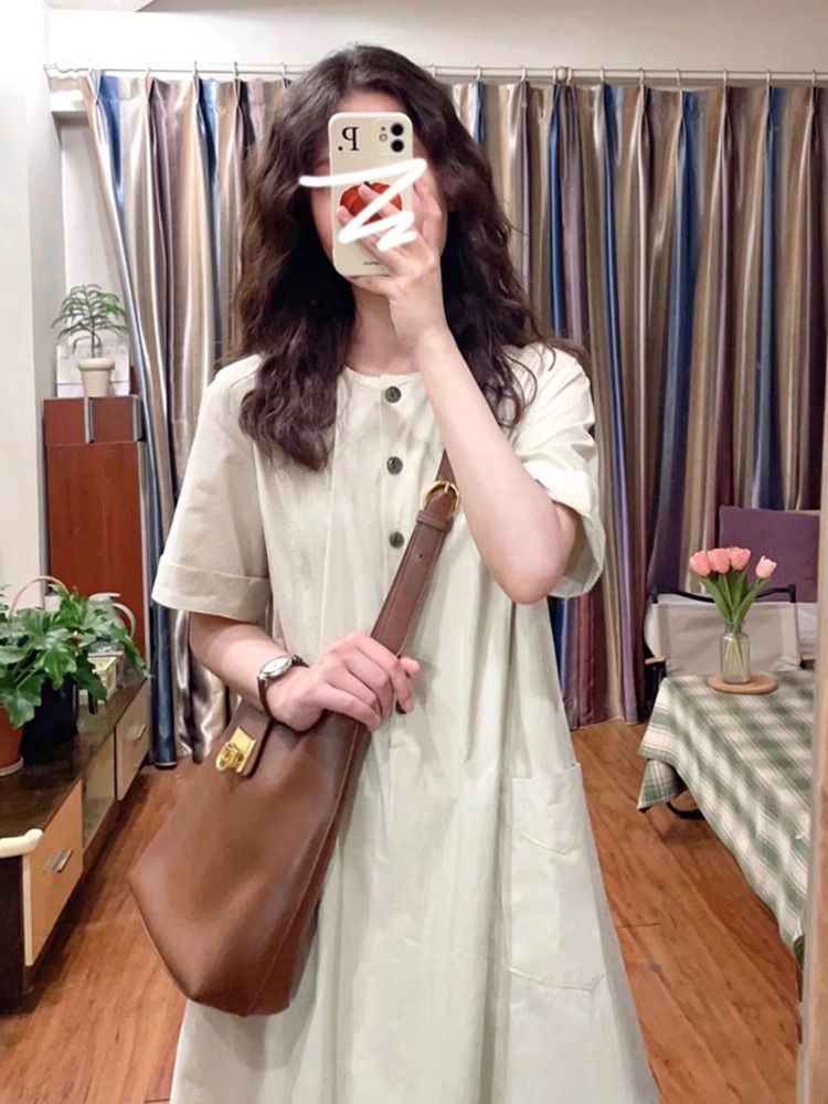 여름 새로운 문예 레트로 일본식 롱 스커트 루즈핏 캐주얼 슬림해 보이는 반팔 드레스 작은 키 느긋한 바람