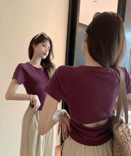 쇼트 스타일 티셔츠 여름 뒤로 홀로우 아웃 몸매 가꾸기 주름 반팔