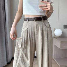 批发包边 立体腰粉色<b class='q'>棉麻</b>裤子女夏新款高级垂感宽松冰丝山本<b class='q'>西装</b>裤
