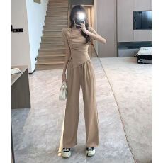 批发2026<b class='q'>春</b>新款韩系休闲慵懒风不规则方领皱褶上衣高腰垂感阔腿裤套装