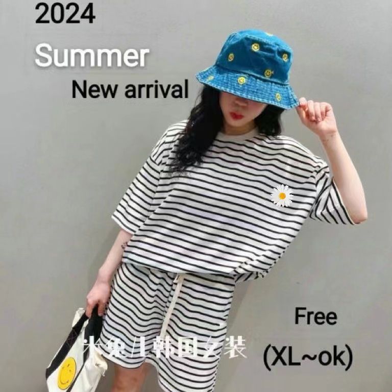 한국 동대문 여성 의류 여름 새로운 스트라이프 반팔 티셔츠 반바지 세트