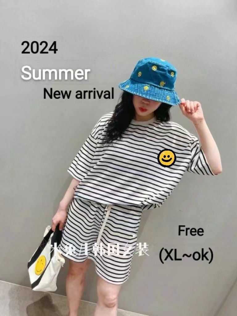 한국 동대문 여성 의류 여름 새로운 스트라이프 반팔 티셔츠 반바지 세트