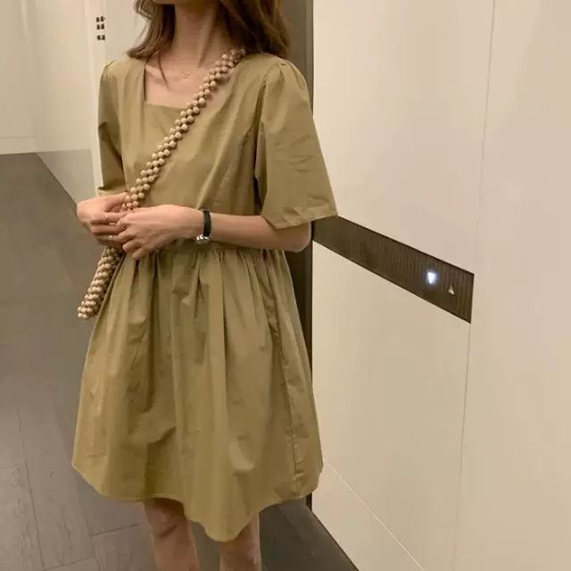 차가운 실크 코튼 루즈핏 반팔 광장 칼라 여성 드레스 인터넷 유명인 외국 가스 슬림해 보이는 치마