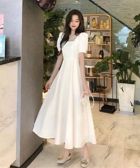 그는 벤 바람 드레스 허리 슬림해 보이는 작은 검은 드레스 프랑스식 광장 칼라 센스 무릎 아래 롱 스커트