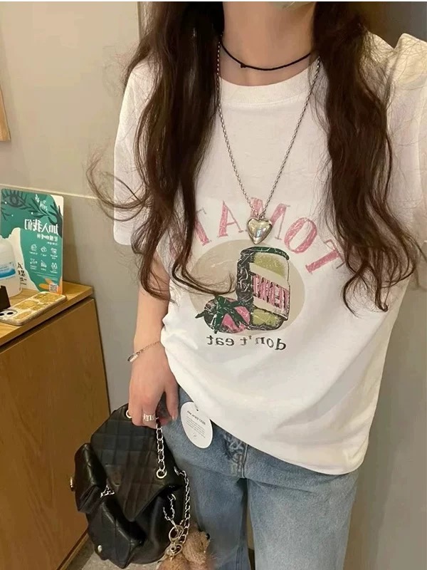 한국 스타일 레트로 만화 프린트 연령 감소 라운드 넥 반팔 티셔츠 여성 루즈핏 느긋한 바람 맨위 여성 여름